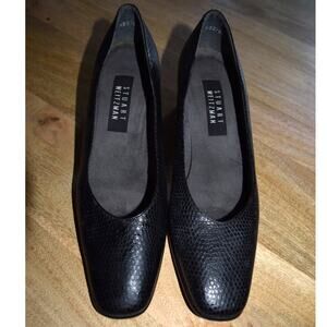 Stuart Weitzman Women's 8.5 Black Snakeskin Embossed Leather Square Toe Pumps